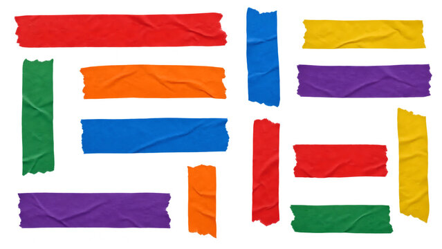 Colorful paper tape strips in red, orange, blue, yellow, purple and green. Solid color masking tape pieces with torn edges and wrinkles, bright sticker labels for scrapbook, planner. Image set
