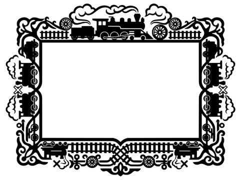 Vintage steam locomotive train border frame silhouette with tracks, wheels, and steam clouds for transportation themed design, isolated on white background.
