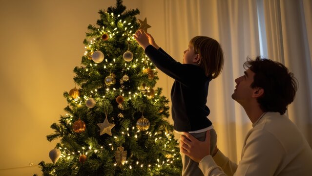 A father and son decorating a festive Christmas tree with warm lights and ornaments
