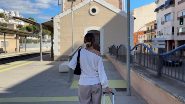 Mujer llegando a la estaci&oacute;n de tren con su maleta