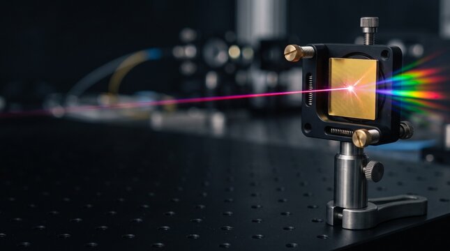 Laser beam splitting on reflective diffraction grating with rainbow spectrum on optical breadboard table in physics laboratory, concept 