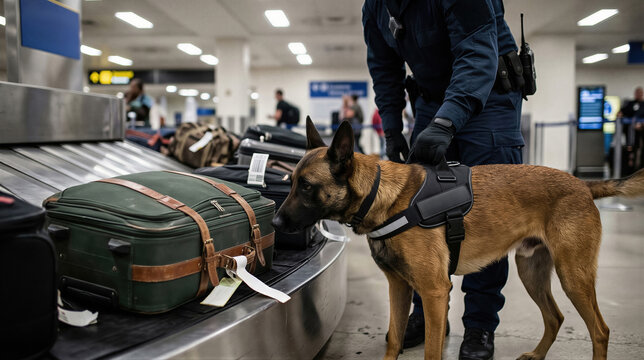 Customs officer with dog sniffing luggage at airport. Canine inspecting suitcase for contraband or illegal substance. Security control operation for drug detection at border checkpoint.