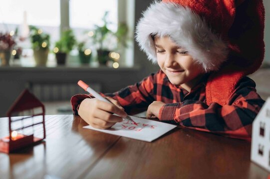 Smiling boy writing a letter to Santa Claus at home