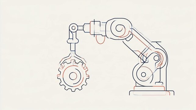 Minimalist continuous-line illustration of an industrial robotic arm lifting a gear, featuring thin outlines, subtle blue and coral accents, and a clean off-white background.
