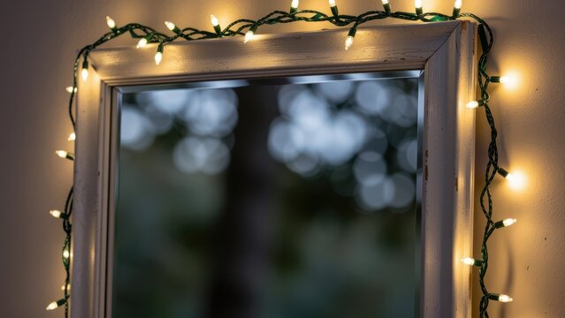 christmas lights wrapped around a rustic wooden mirror creating a festive holiday scene