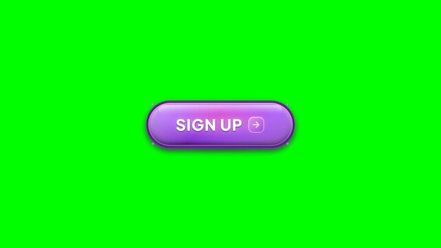 Animated 3D sign up call to action button with neon amethyst glow tactile click shockwave burst and glowing particles on chroma key green screen for website promo and video production