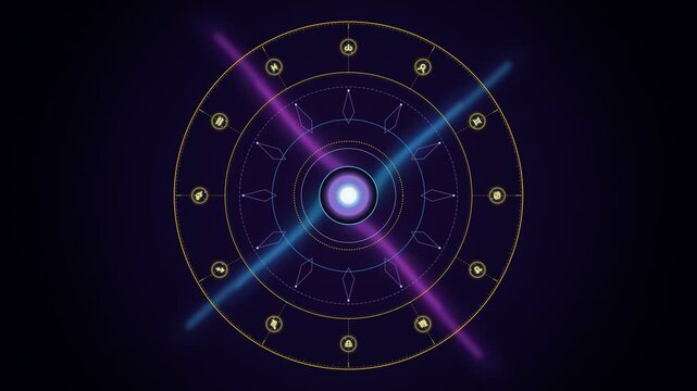 Glowing astrological zodiac wheel featuring golden astrological signs glowing light rays and mysterious futuristic celestial symbols isolated on transparent background