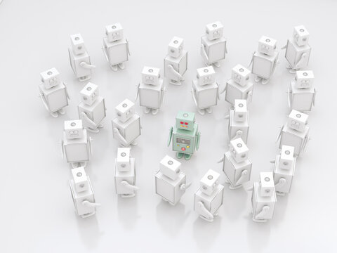 Group of white robots with a coloured one in between, 3D Rendering