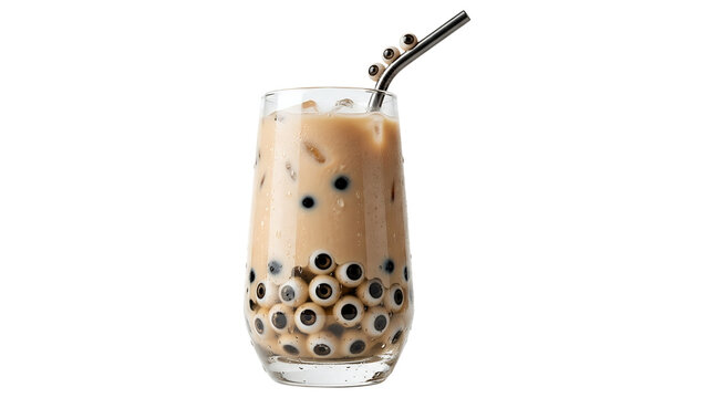 Glass of refreshing iced bubble milk tea with tapioca pearls and a metal straw.