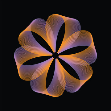 Intricate looping lines in orange and purple form a symmetrical abstract floral pattern on a black background, creating a sense of movement and dimensionality.
