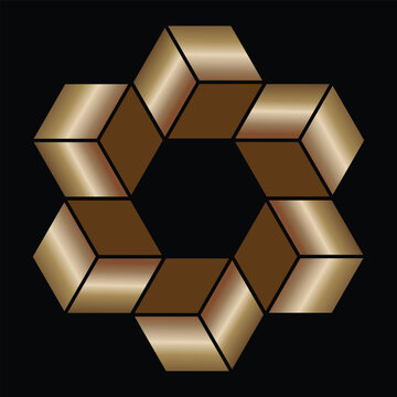 Luxurious golden geometric blocks form an intricate hexagonal loop with metallic gradients and dark brown accents on a black background, creating a sophisticated 3D abstract design.