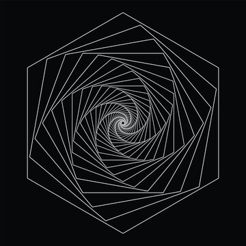 Intricate white polygonal outlines form a mesmerizing spiral tunnel on a black background, creating a minimalist geometric design with depth and optical illusion.
