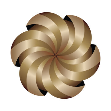Luxurious abstract geometric sculpture featuring interwoven curved metallic ribbons in champagne gold, bronze, and warm beige, spiraling toward a central point on a white background.