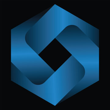 Three-dimensional blue geometric ribbon forming an interlocking hexagonal structure with smooth gradients and a central diamond-shaped opening on a black background.