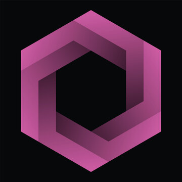 Bold pink and magenta geometric ribbon forms a three-dimensional hexagonal loop with smooth gradients, angular edges, and a hollow center on a black background.