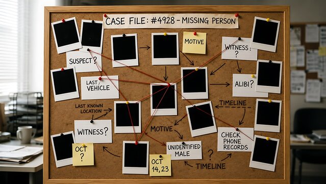 A detective's cork investigation board is covered in blank photos, red string connections, and notes tracking a missing person case file.
