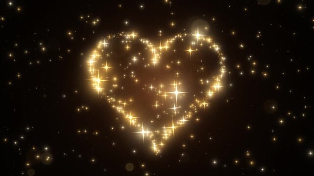 Golden heart formed from shimmering light particles on a black background. Sparkling dust defines a romantic glowing shape surrounded by small luminous specks in an animated composition.