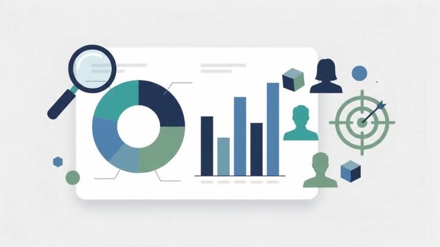 Market research and target audience demographic analysis concept animation with pie charts, statistics, and user icons