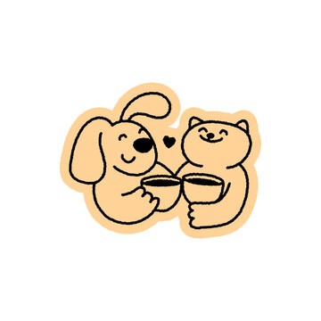 Vector Playful quirky doodle hand drawn illustration, animal mascot and character for coffee shop, cafe, food delivery, packaging, menus and stickers, line art cartoon logo design element,