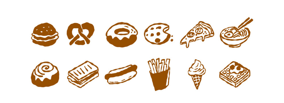 Vector collection of hand-drawn food doodles featuring coffee, burgers, pastries, sandwiches and sweet treats. Playful illustrations for cafe branding, bakery packaging, menus, stickers and apparel.