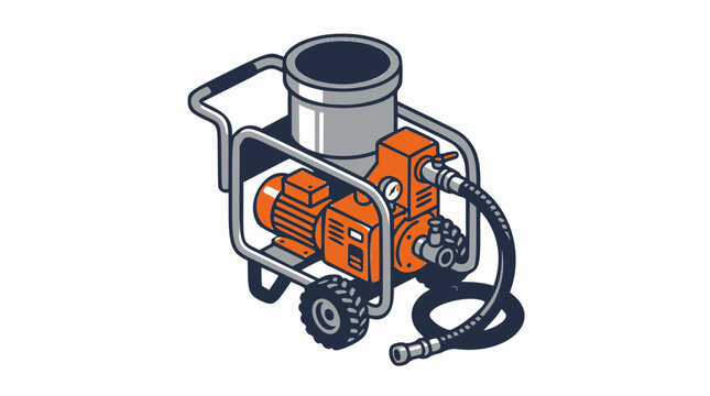 Isometric vector illustration depicting an orange construction concrete pump cart machine with attached hose