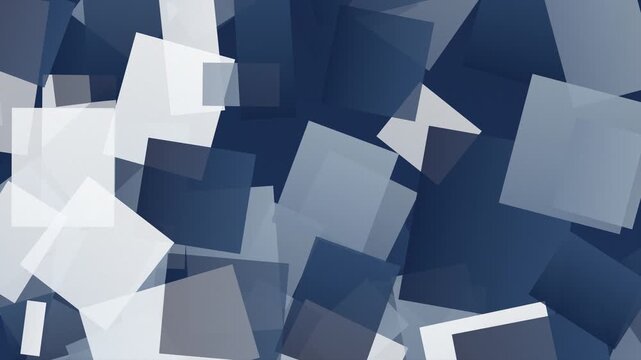 ネイビーとホワイトの四角形が画面全体に重なり個別に移動と回転を繰り返すループ動画。Web広告や配信背景に映える幾何学のシネマティック素材