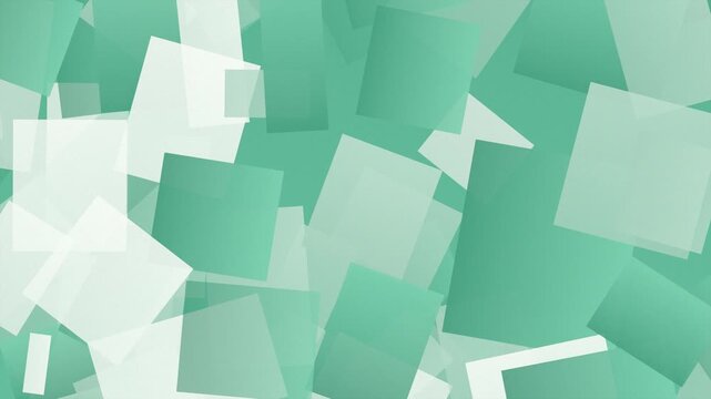 ミントとホワイトの四角形が画面全体に重なり個別に移動と回転を繰り返すループ動画。Web広告や配信背景に映える幾何学のシネマティック素材