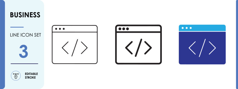 Set of three web development icons featuring a browser window with code brackets, presented in thin line, thick line, and flat blue styles for business and programming design projects
