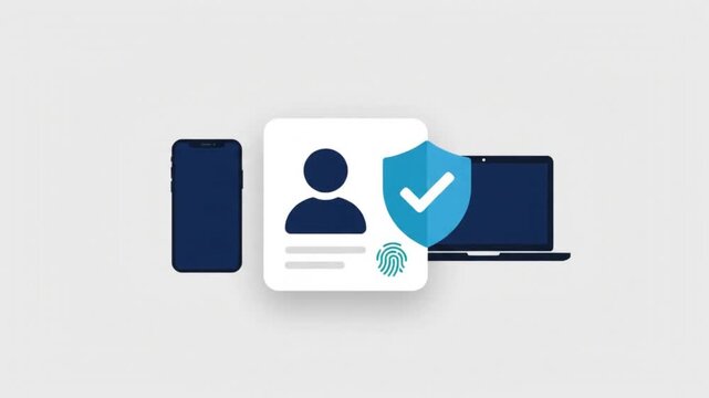 Flat design animation of user authentication and data privacy with an ID badge, fingerprint, verified shield, phone, and laptop
