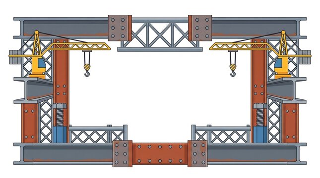 Industrial Construction Site Vector Border Frame with Cranes and Steel Beams