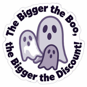 Three Cute Cartoon Ghosts with Spooky Faces in a Group Illustration Featuring a Playful Halloween Sale Slogan Text on a White Background for Seasonal Promotion and Holiday Marketing