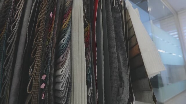 The display of furniture fabric samples arranged on an exhibition stand in an office or furniture factory showroom. Furniture and upholstery fabric samples hang on a display stand. Close-up