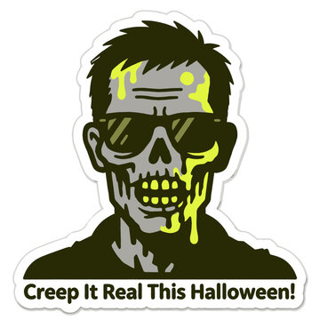 Zombie Man Illustration with Sunglasses and Yellow Liquid Drip for Halloween Concept Featuring Spooky Skull Face and Grotesque Decay Character Design on White Background