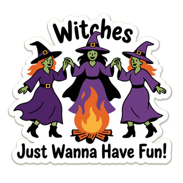 Three Cute Green Witches in Purple Robes Dancing in a Circle Around a Bright Bonfire, Spooky Halloween Illustration with Fun Cartoon Characters and Playful Text Sticker Style