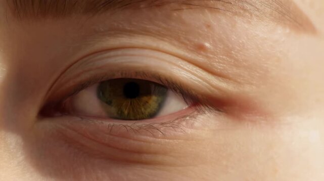 Extreme close-up of a human eye blinking in an intimate facial detail shot. Eye care advertising, optometry services, and ophthalmology education.