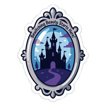 Magical Fantasy Castle Silhouette Inside an Ornate Oval Mirror Frame with Bewitching Beauty Starts Here Text for Whimsical Illustration Concept on White Background
