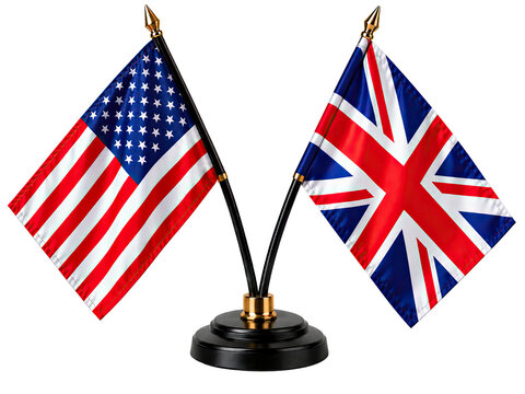 United States and British national flags displayed on miniature crossed flagpoles, representing historic friendship, international cooperation and diplomatic relations