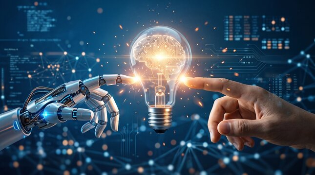 Robot hand and human finger touching a glowing light bulb with a digital brain inside, representing artificial intelligence