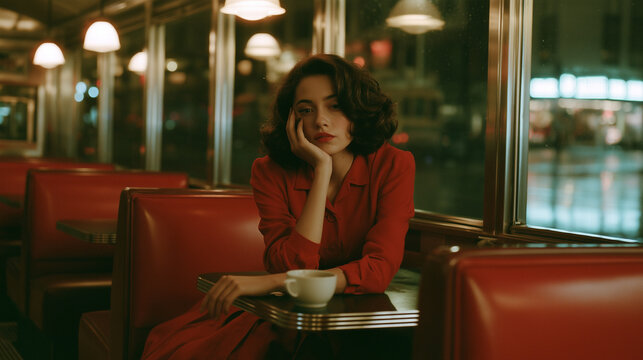 Elegant Woman in Red Dress Sitting Alone at Retro American Diner on a Rainy Night