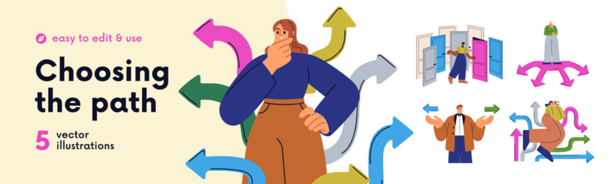 Choose path and direction. Making decision, choice. Multiple arrows, pathways. Future career road, life and business path concept. Person with different choices, choosing options. Vector illustration