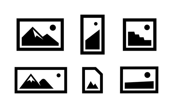 Collection of diverse gallery image placeholders with varying aspect ratios and simple landscape designs for photo display.
