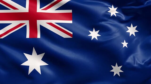 Realistic 3D animation of the Australian national flag waving gently in the wind. Features a deep blue field, Union Jack, white Commonwealth Star, and Southern Cross constellation.