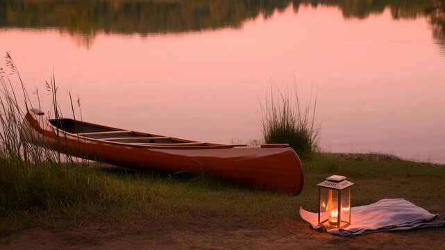 Canoe resting beside a calm lakeshore with a glowing lantern on a blanket at sunset. Camping promotion, outdoor recreation advertising, and nature documentary.