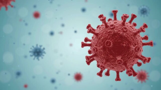 3D render of red coronavirus cells floating against a blue background.