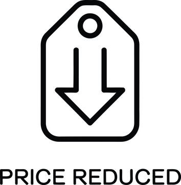 A black and white line of a price tag with a downward pointing arrow, representing a discount or price reduction, isolated on a white background