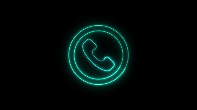 Futuristic Phone Call Symbol with Double Ring Motion Graphic, Glowing blue neon phone handset icon inside a circle isolated on black background