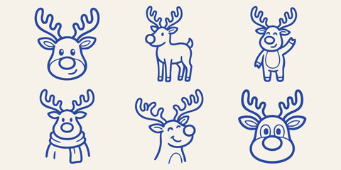 Hand drawn doodle christmas reindeer collection with different expressions and poses on a soft beige background © Ishtiaq