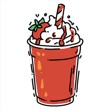 Hand drawn strawberry milkshake with whipped cream and straw