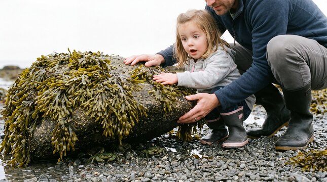 Father and Daughter Gently Lifting Rock to Peek at Hiding Crabs Underneath