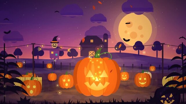 Enchanting Halloween pumpkin patch illustration with glowing jack-o-lanterns under a vast full moon and starry night sky